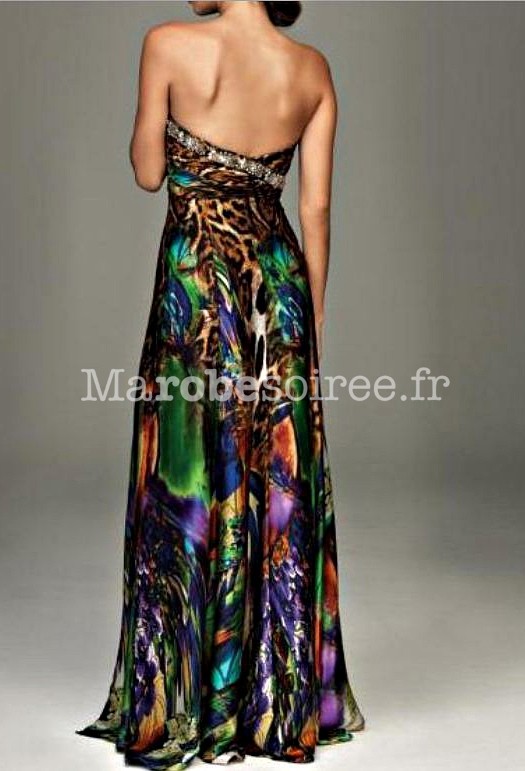 Robe de soirée Lucie longue motif léopard coloré en satin 
