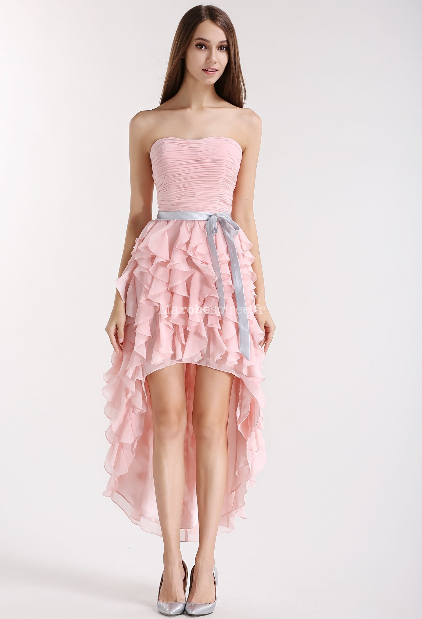 Robe de cocktail asymétrique rose poudré