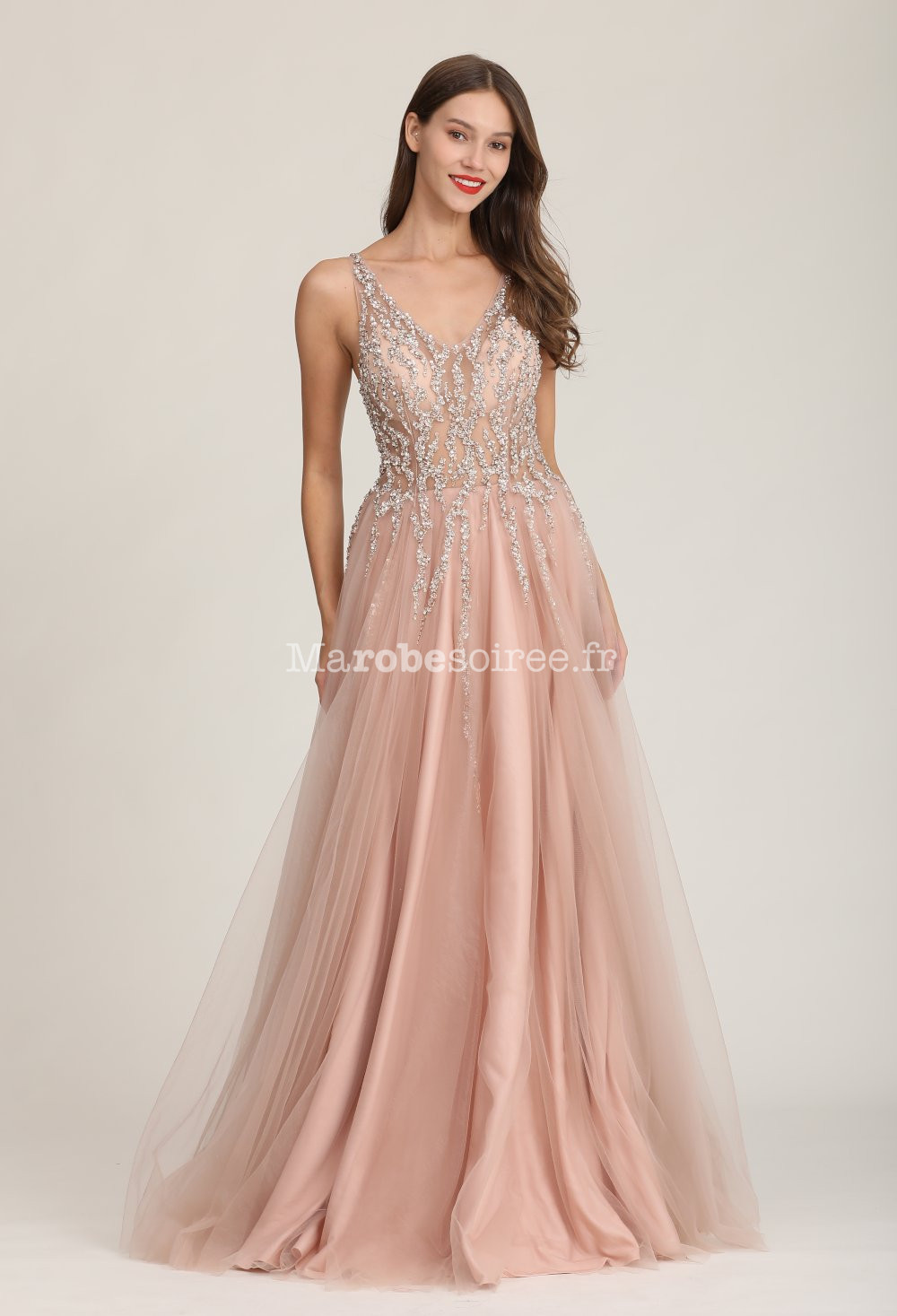 Robe Cocktail Rose Poudré Tulle Volants Paillette Avec Bretelle