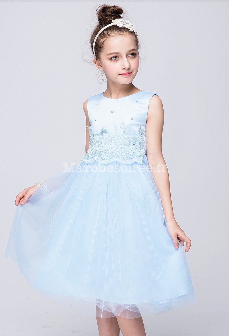 robe de soiree fille dentelle tulle evasee bleu pastel