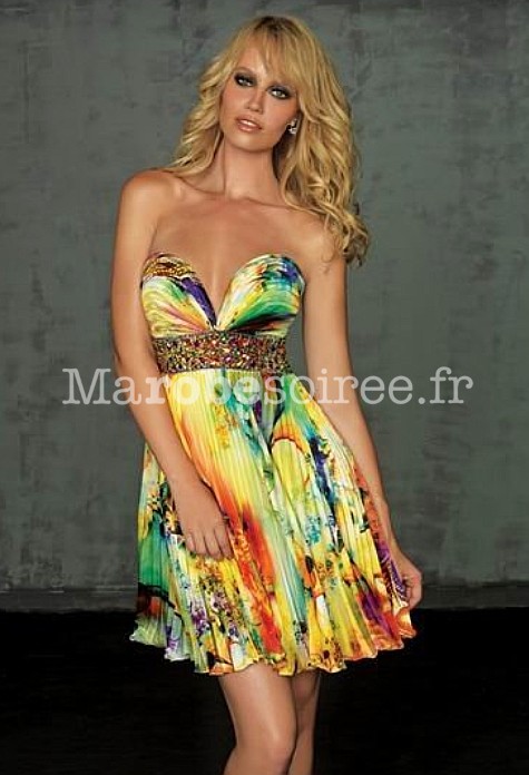 robe de soiree imprimee fleurie courte bustier plissee decollete