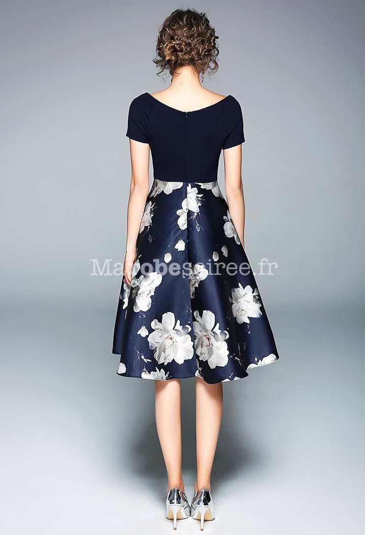 Robe de soirée courte bleu marine tissu imprimé