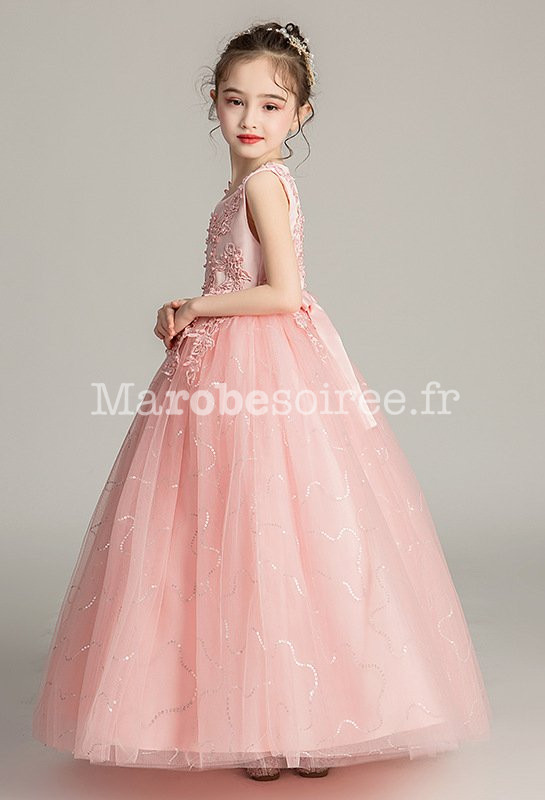 Robe Ceremonie Fille Princesse Rose Poudrée Tulle Dentelle Robe De Soirée  Enfant