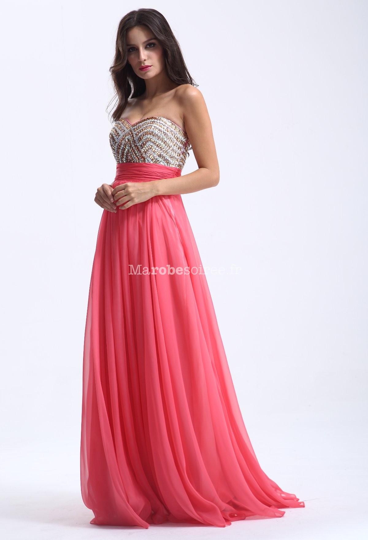 robe longue de ceremonie mousseline perle rose corail