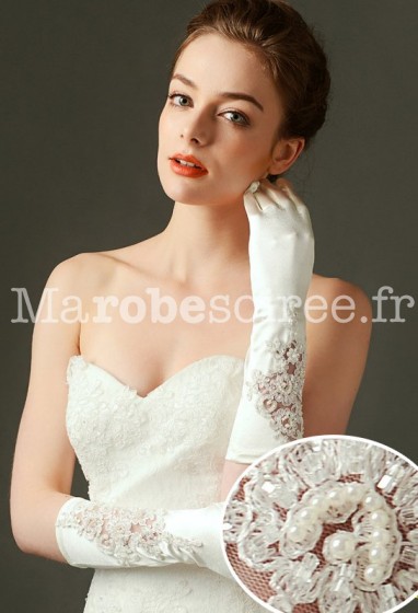 gants de mariage long ivoire avec broderie ornées de perles - réf. S69