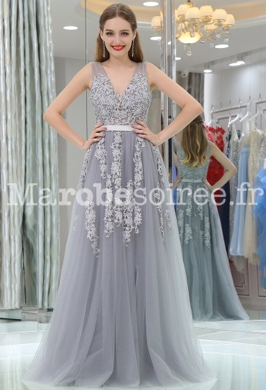 Robe de soirée grise à bretelles tranparente - réf 1811